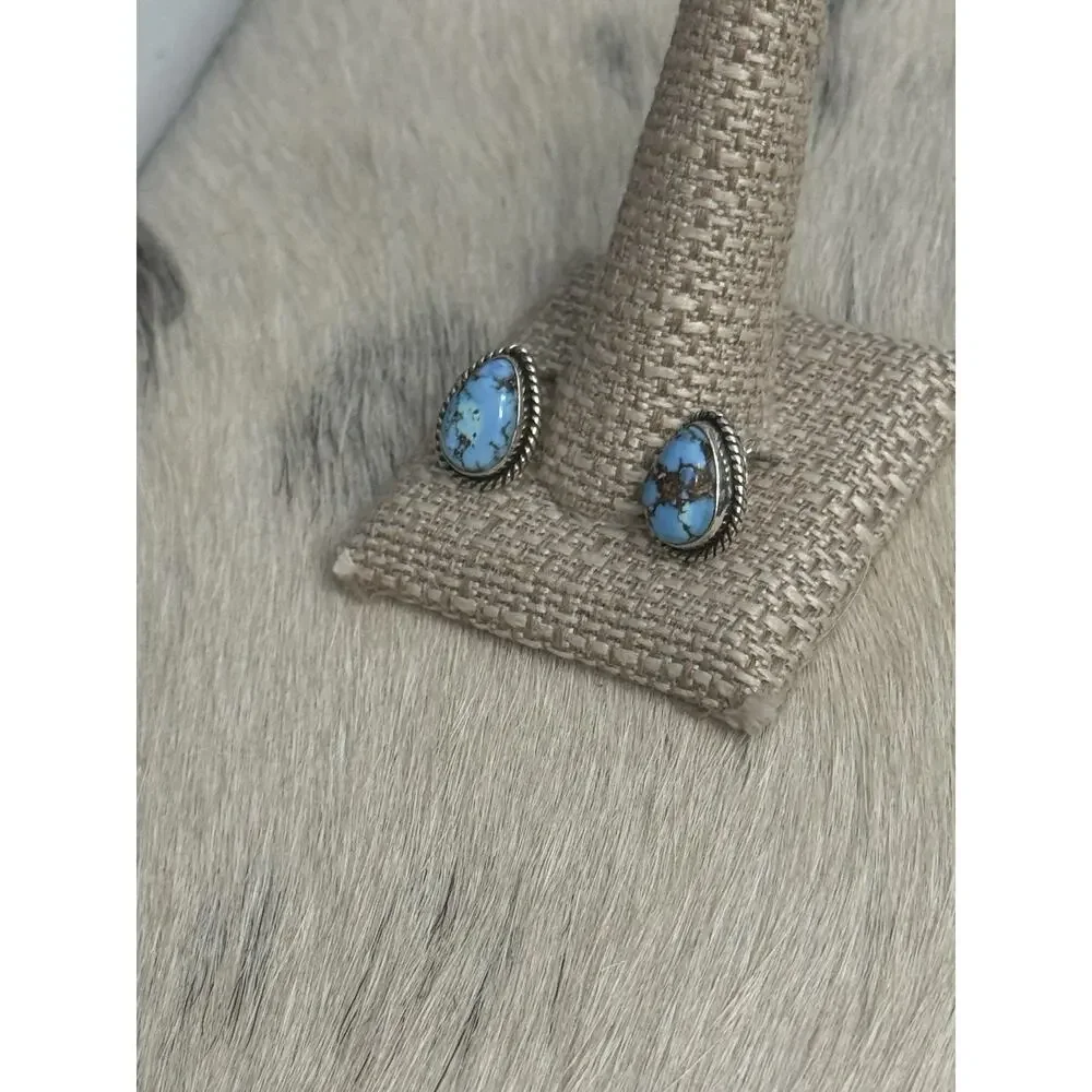 Sterling Silver Blue Golden Hills Turquoise Tear Drop Braided Stud Post Earrings